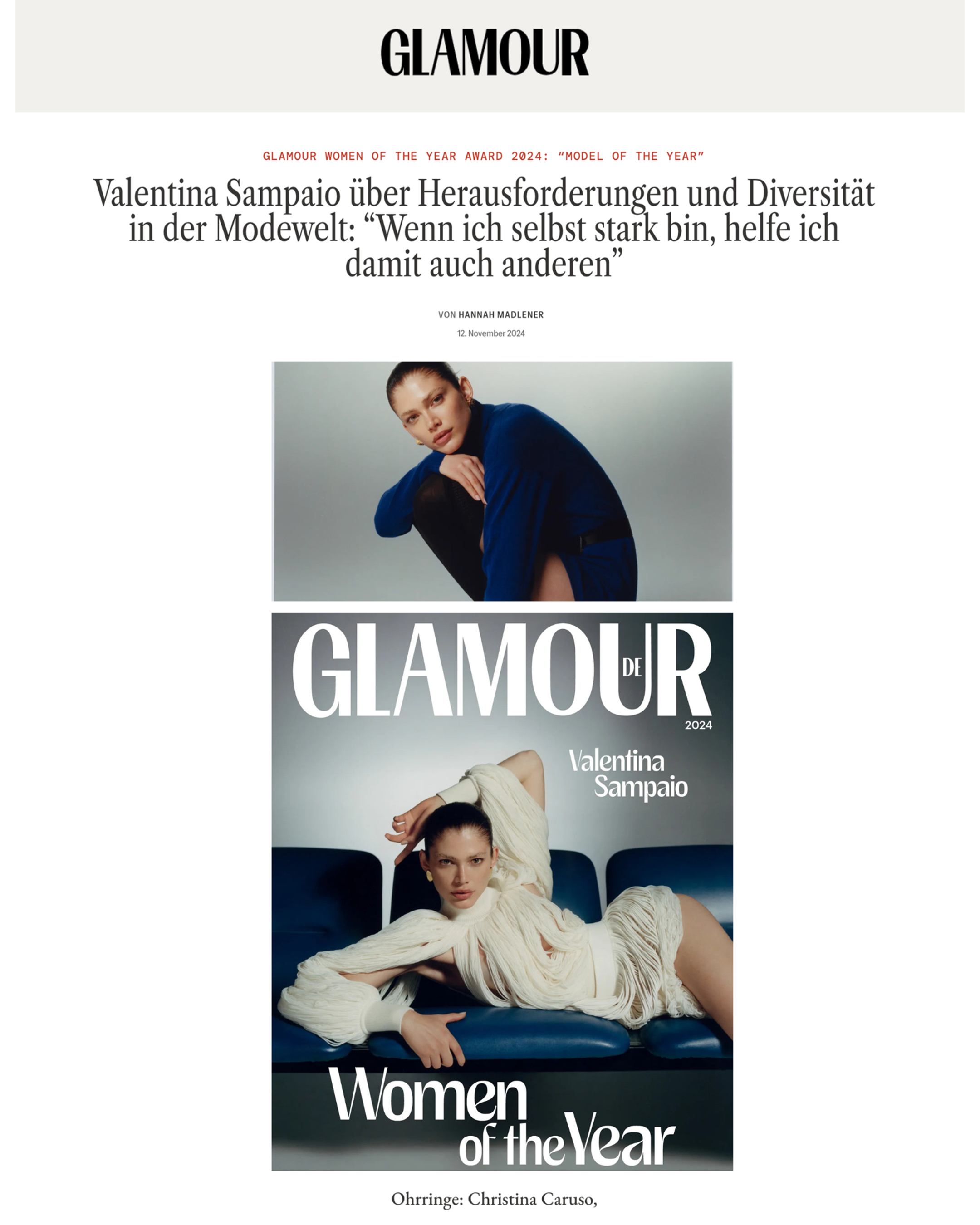 Glamour article featuring Valentina Sampaio wearing Small Oval Earring