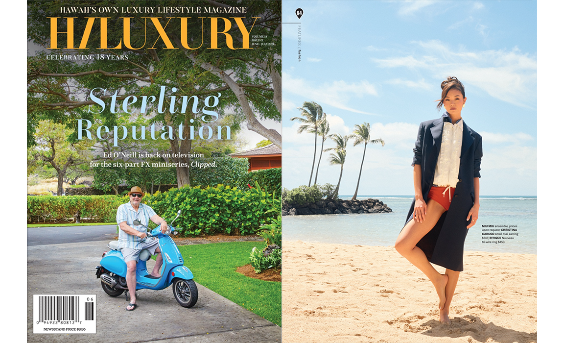 HiLuxury magazine featuring amodel wearing Small Oval Earring on the beach
