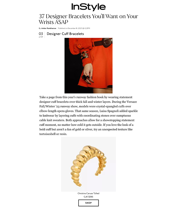 InStyle article featuring Christina Caruso Tufted Cuff