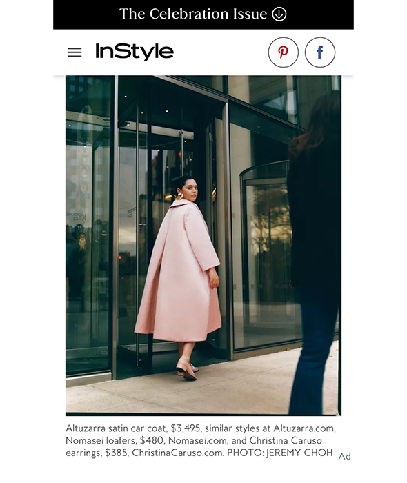 InStyle article featuring a model wearing a pink coat and Christina Caruso earrings