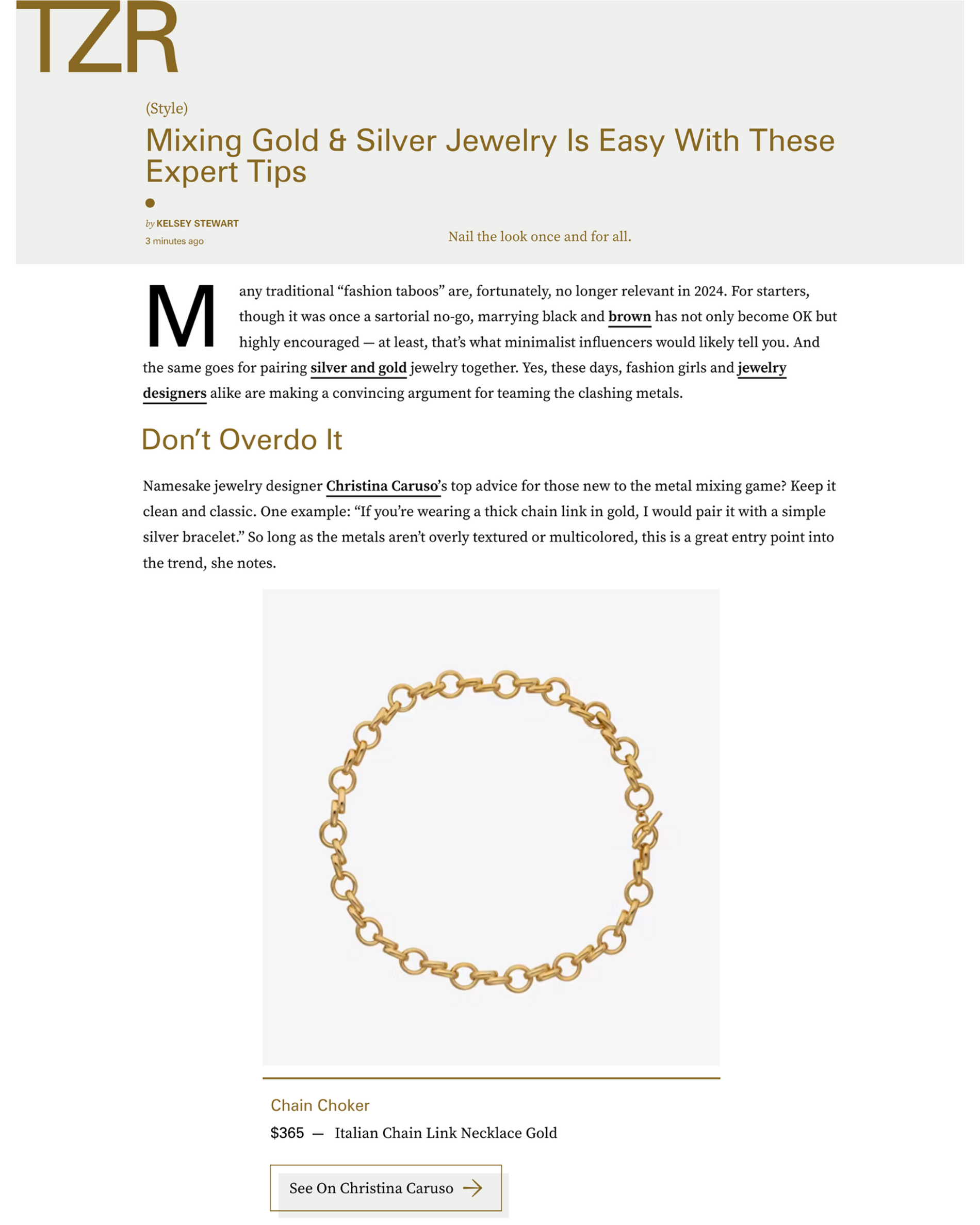 The Zoe Report article about mixing gold and silver jewelry featuring a Christina Caruso necklace