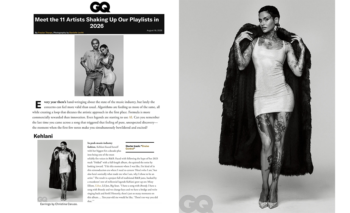 Kehlani wears Christina Caruso Palm Leaf Earrings in GQ’s feature on the 11 artists shaking up our playlists in 2026.
