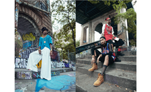 Load image into Gallery viewer, Models wearing Big Link Necklace Gold and CC Logo Hoop Earring in urban settings
