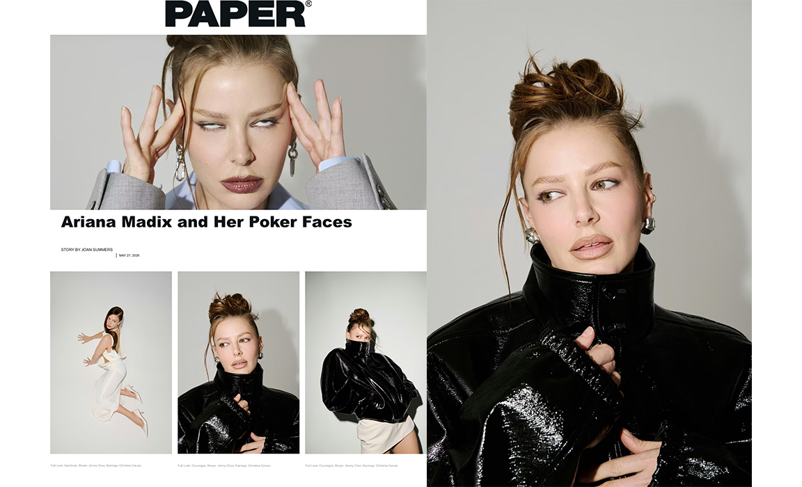 Ariana Madix wears Christina Caruso in a feature on PAPER Magazine, styling the Bamboo Clip-On Earrings and Thick Hoop Earrings in Rhodium. 