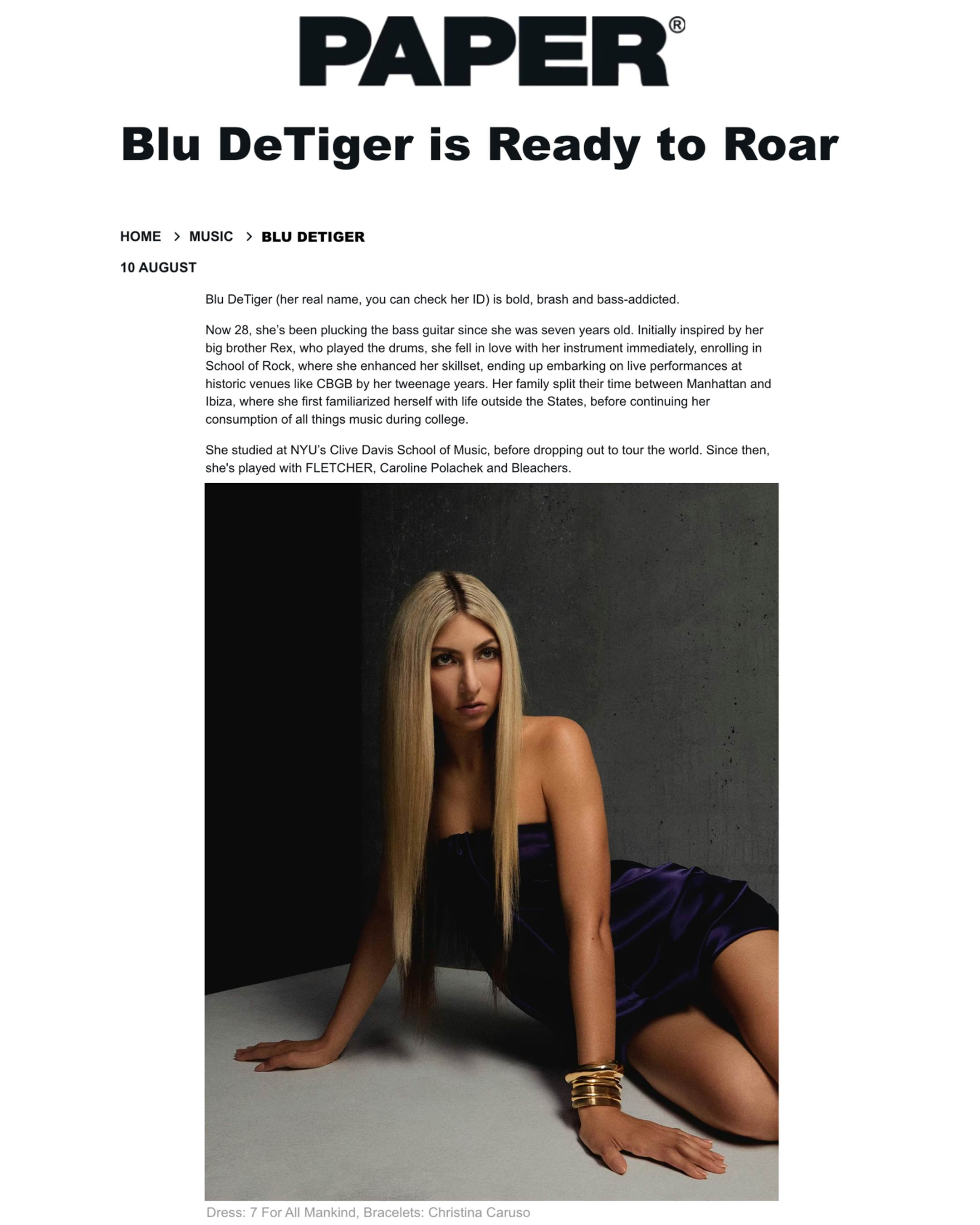 Christina Caruso jewelry was worn by Blue DeTiger for Paper Magazine. Blue is seen wearing the Deco Cuff, Torus Cuff, and Triple Cuff.