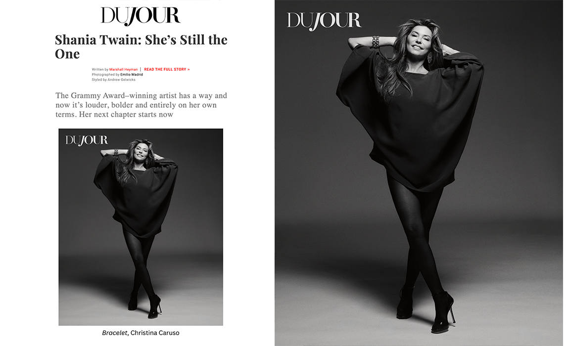 Shania Twain was featured on DuJour.com wearing Christina Caruso Love Link Bracelet.