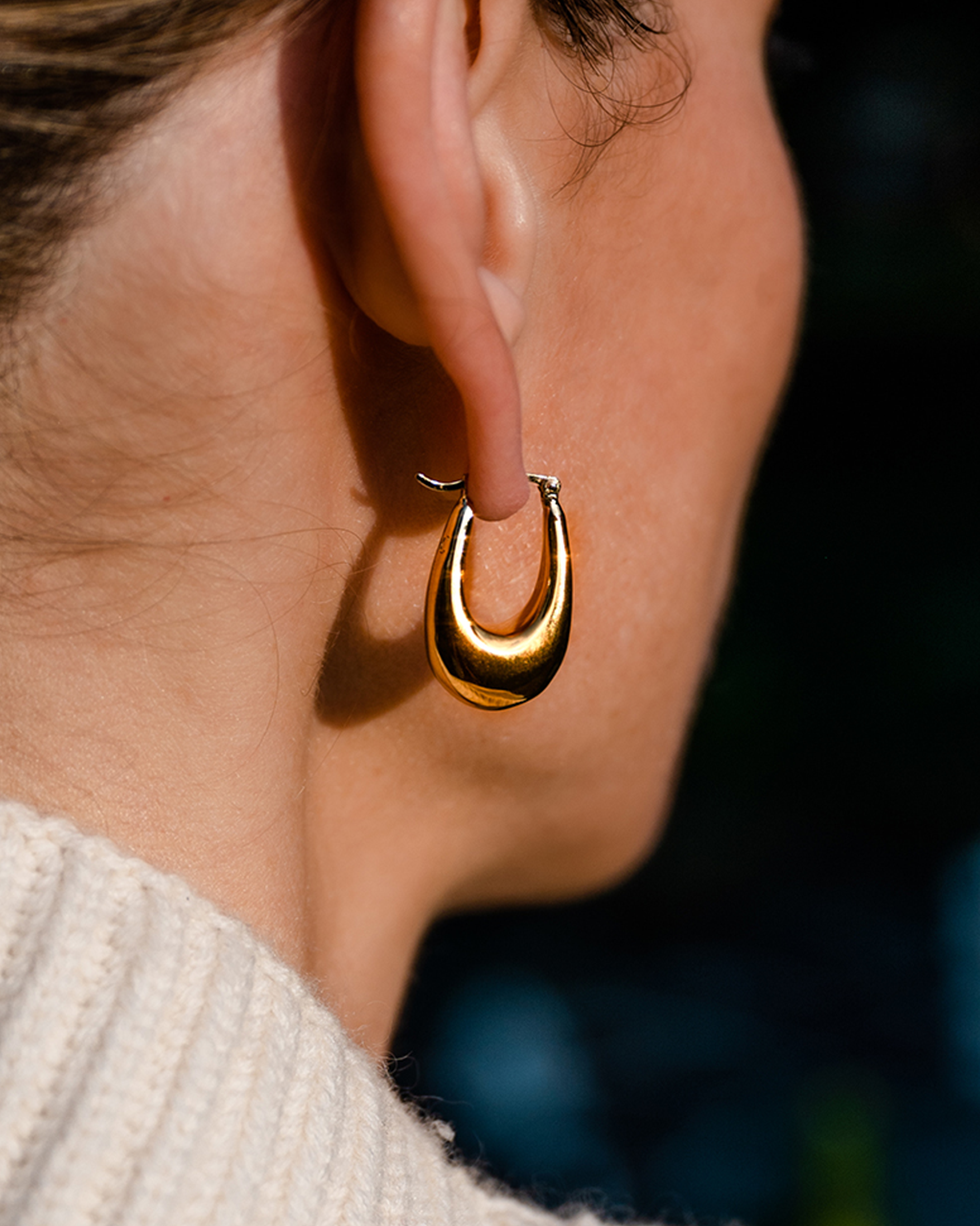 Model in white wearing Thick Hoop - 14k Gold Plated