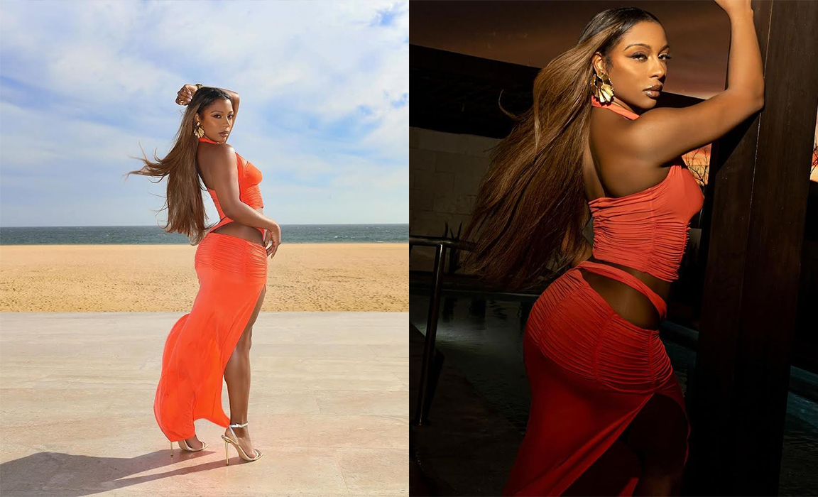 Victoria Monet in orange dress wearing Palm Leaf Earrings and Triple Cuff